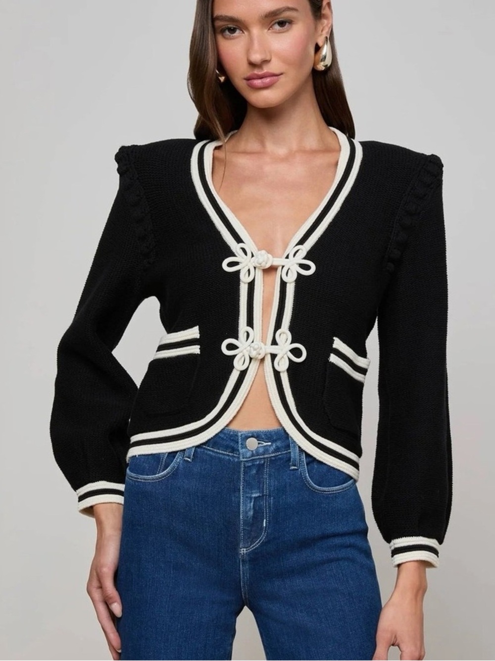 NWT L’Agence Kaito contrast trim black white cropped cardigan M